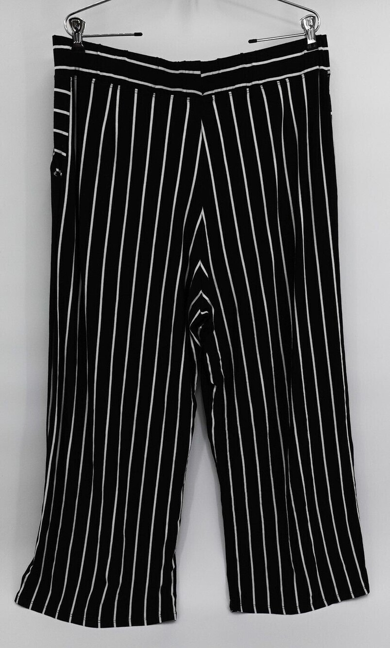 Lisa Bayne Pants Womens XL Black Striped Wide-Leg Cropped Pull On Elastic Waist
